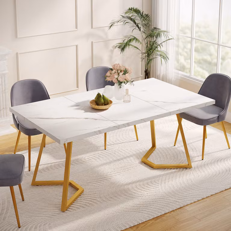Tribesigns Tavolo da pranzo moderno dorato: 140 cm, tavolo da pranzo bianco con gambe in metallo, marmo artificiale, piccolo tavolo da cucina per sala da pranzo per 6 persone