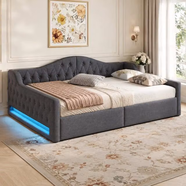Letto da giorno imbottito ULEVR 140x200 cm con vano contenitore e LED a 7 colori, grigio