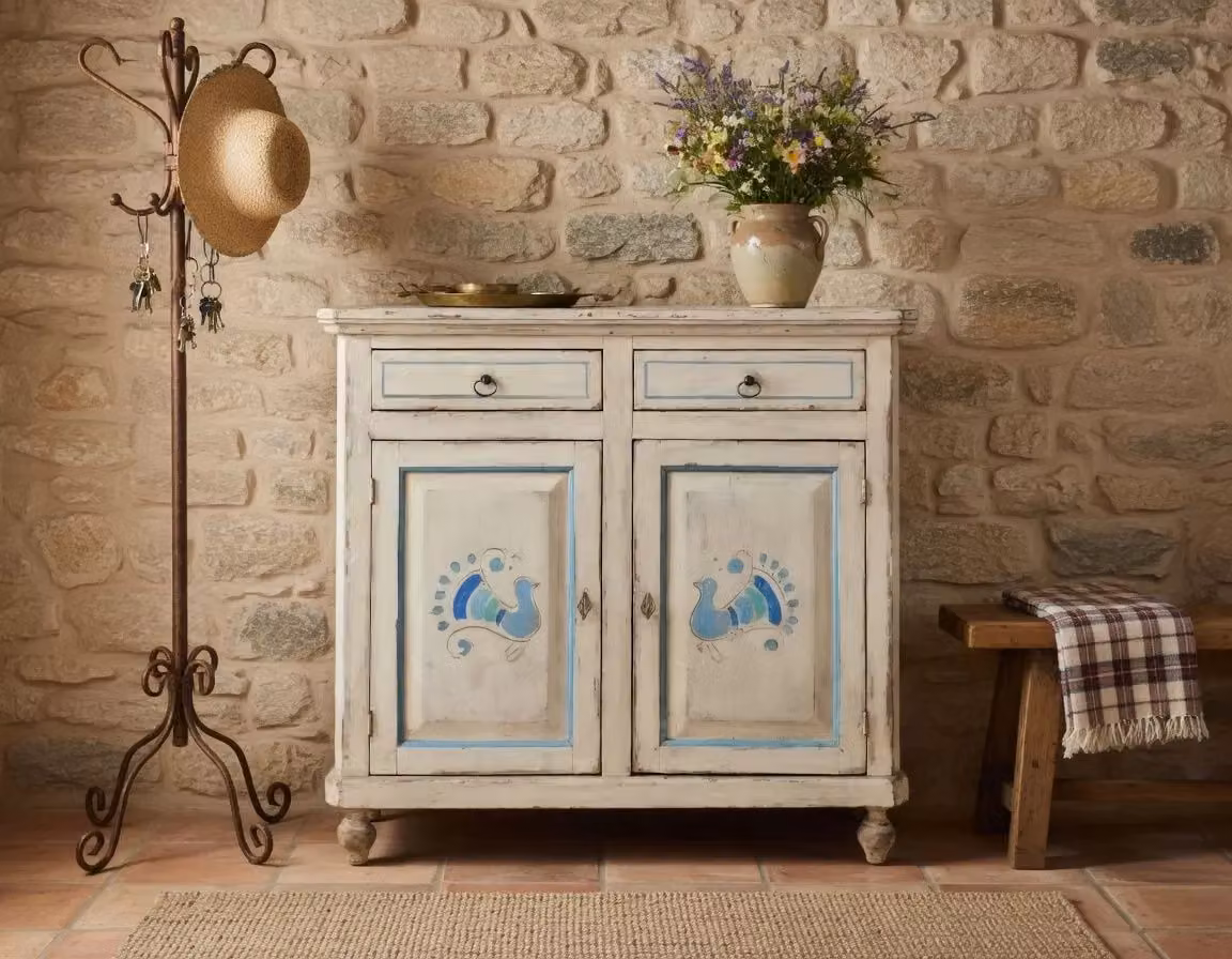 Madia credenza con 2 porte in legno stile shabby chic bianco consumato Mobili 2G L: 103 cm, P: 43 cm, H: 98 cm – 1
