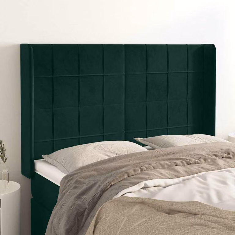 Testiera per letto vidaXL in velluto verde scuro con design ad orecchio, L: 147 cm, H: 118-128 cm, P: 16 cm