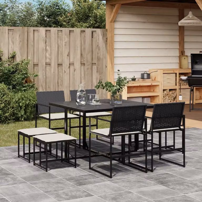 Set da Pranzo da Giardino vidaXL 9 pz in Polyrattan Nero con Cuscini e Piano in Vetro