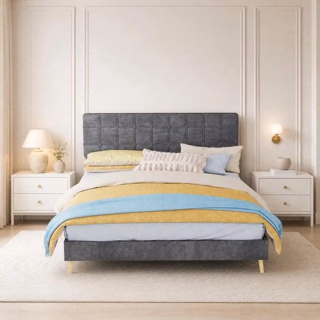 Letto matrimoniale 160x200 cm in velluto grigio con testiera trapuntata