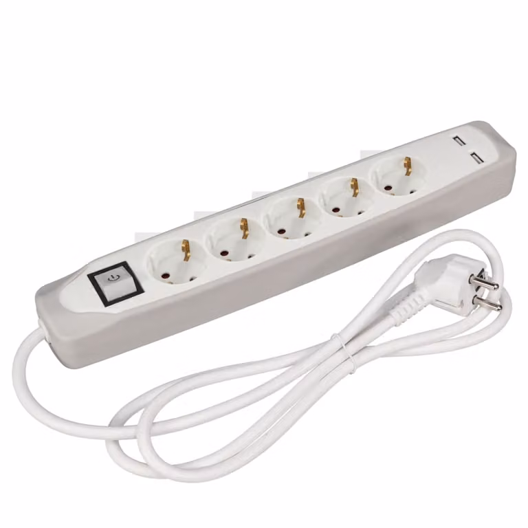 Presa 5 Vie Con Interruttore - 2 Porte USB - Cavo 1,5 M - Grigio/Bianco - Schuko