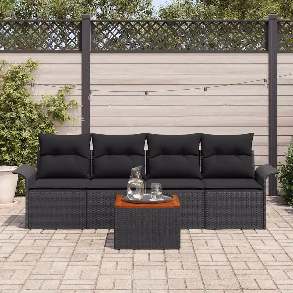 Set Divano da Giardino vidaXL 5 Pezzi Nero con Cuscini e Contenitore per Archiviazione in Polyrattan e Acciaio