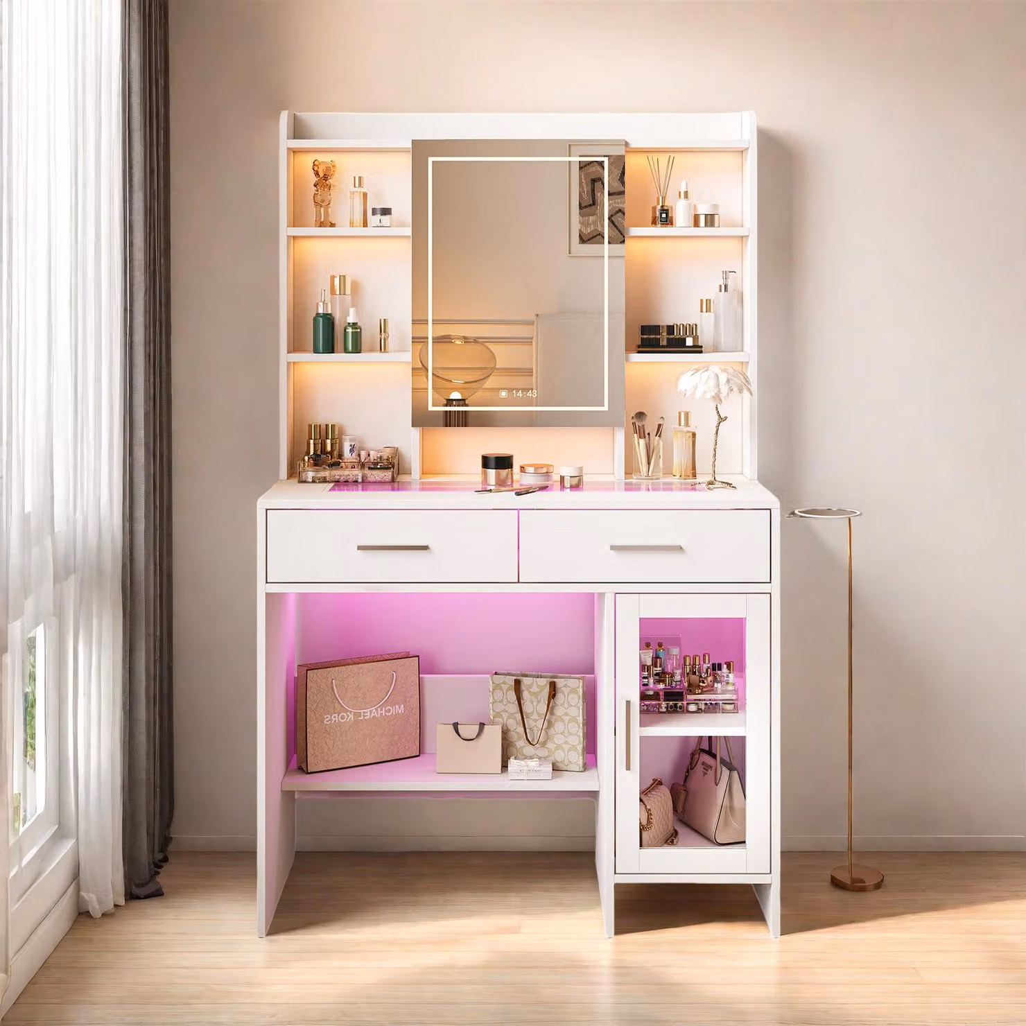 Tavolo da toilette ProximaX con specchio, cassetto, spazio per riporre oggetti e illuminazione LED regolabile, presa di corrente e supporto per asciugacapelli - 89,8×40×145 cm per camera da letto e spogliatoio