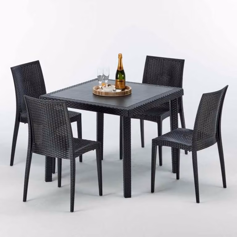 Tavolo quadrato nero e 4 sedie in polipropilene colorato per esterni Grand Soleil Bistrot Passion - Nero