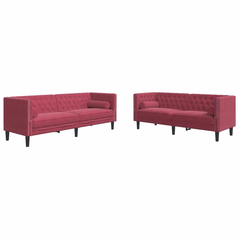 Set Divani Chesterfield 2pz con Cuscini Rosso Vino Velluto