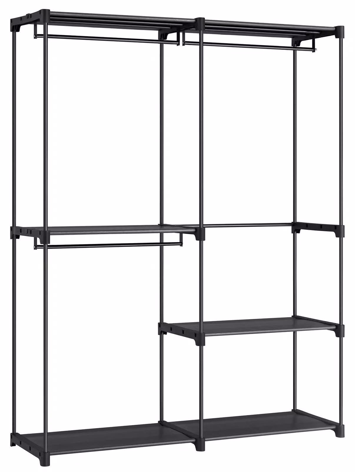 Armadio aperto, con 3 scomparti appendiabiti, dimensioni 138x43x182 cm, colore nero
