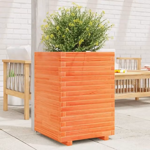 Fioriera da giardino Design Mania in legno massello di pino, colore marrone, L/P/H: 50 x 50 x 72 cm