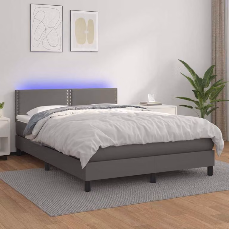 vidaXL Giroletto con Molle, Materasso e Illuminazione LED in Similpelle Grigia, L/P: 140 x 190 cm