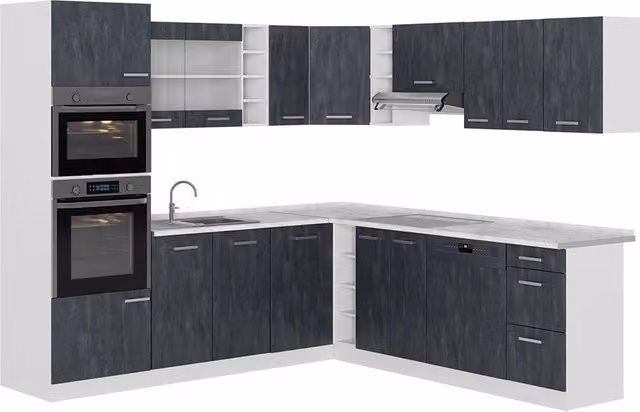 Cucina angolare moderna Vicco R-Line in MDF con ante a battente e illuminazione integrata, Colore Calce nera/Bianco, L: 247 cm x P: 237 cm