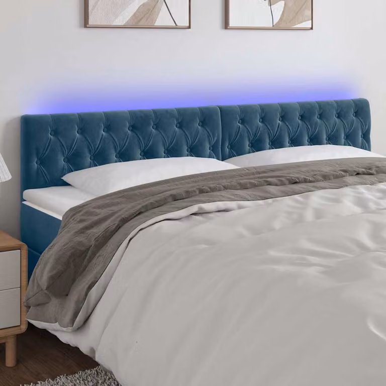 Testiera per letto vidaXL in velluto blu scuro con illuminazione LED e porta di ricarica USB, L 180 cm, P 7 cm, H 78-88 cm