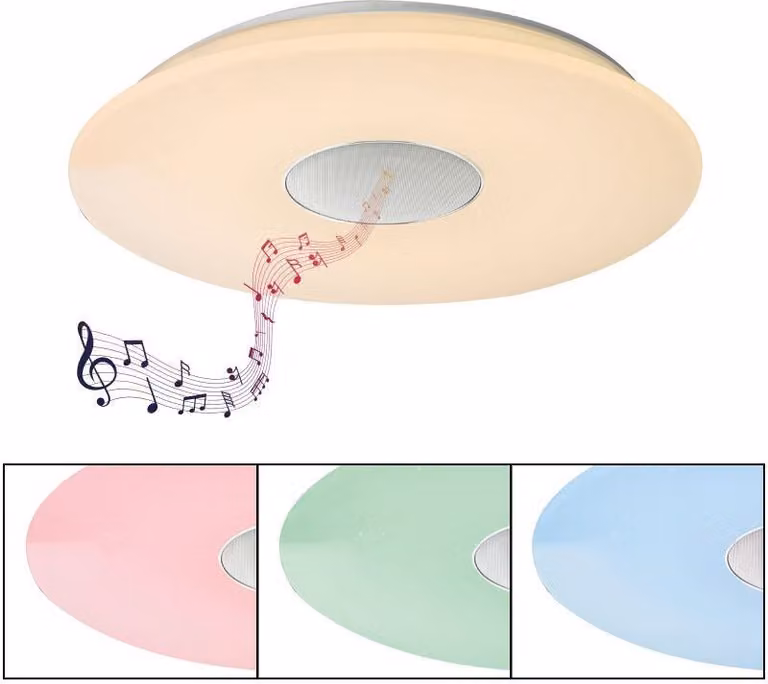 Globo Lighting plafoniera metallo bianco, plastica opale, bianco, dimmerabile, cambiacolori, colori fissabili, funzione memoria, luce notturna, telecomando, altoparlante 5W, batteria inclusa 2x AAA, ø: 530mm, H: 85mm, incl. LED 50W 230V, sorgente 3600lm,