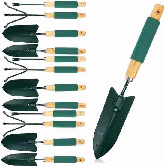 Set di 12 utensili da giardino Unyqoos® per un giardinaggio efficiente e confortevole: 3 palette da giardino, 3 vanghette per fiori, 3 rastrelli, 3 sarchiatori; manici morbidi antiscivolo, realizzati in metallo e plastica