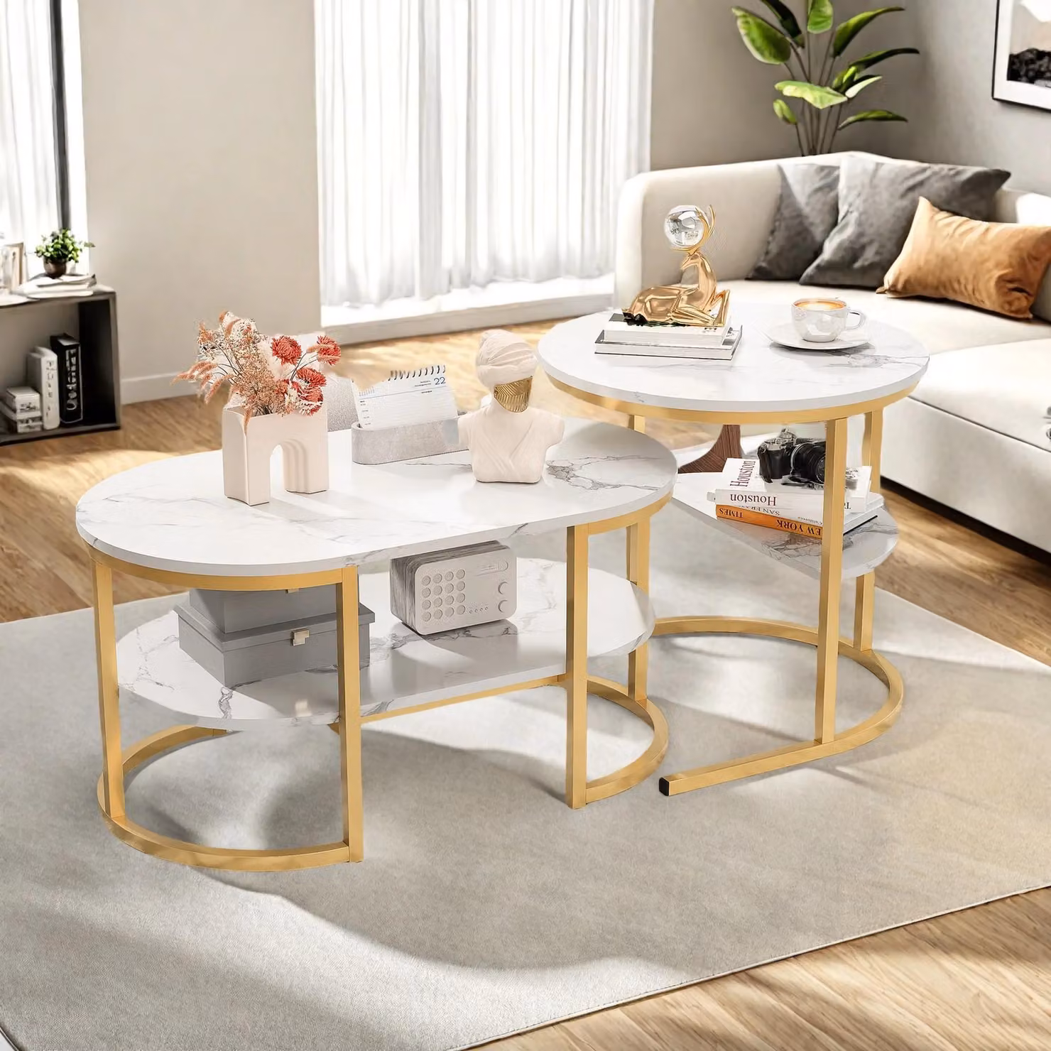 Set di due tavolini da caffè con spazio contenitore e design moderno