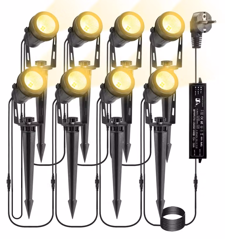 8 faretti LED da giardino, 24W, 2400 lumen, luce calda, grado di protezione IP65, con picchetto da terra