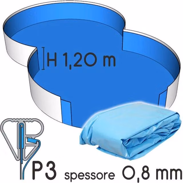 Liner per piscina Zodiac a forma di otto in PVC azzurro, spessore 0,80 mm, H: 1,20 m, L: 5,25 m, P: 3,20 m