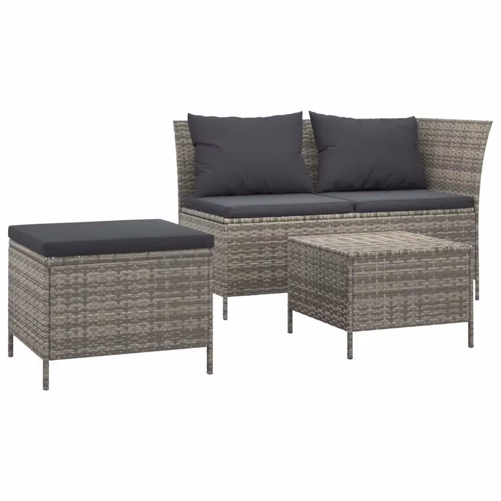 Set da giardino moderno vidaXL composto da 3 pezzi con divano a L, pouf e tavolino, in rattan grigio con cuscini inclusi – 2