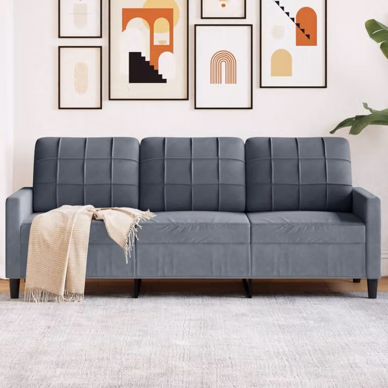 vidaXL Divano a 3 Posti Moderno in Velluto Grigio con Struttura in Metallo e Imbottitura in Schiuma L: 197 cm, P: 80 cm, H: 77 cm
