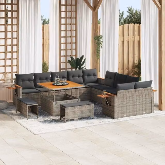 Set Divano da Giardino vidaXL a forma a U in Polyrattan Grigio con 13 Pezzi, Comprensivo di Divano a 3 Posti, Elementi Angolari, Ottoman, Tavolino da Caffè e Cuscini Imbottiti