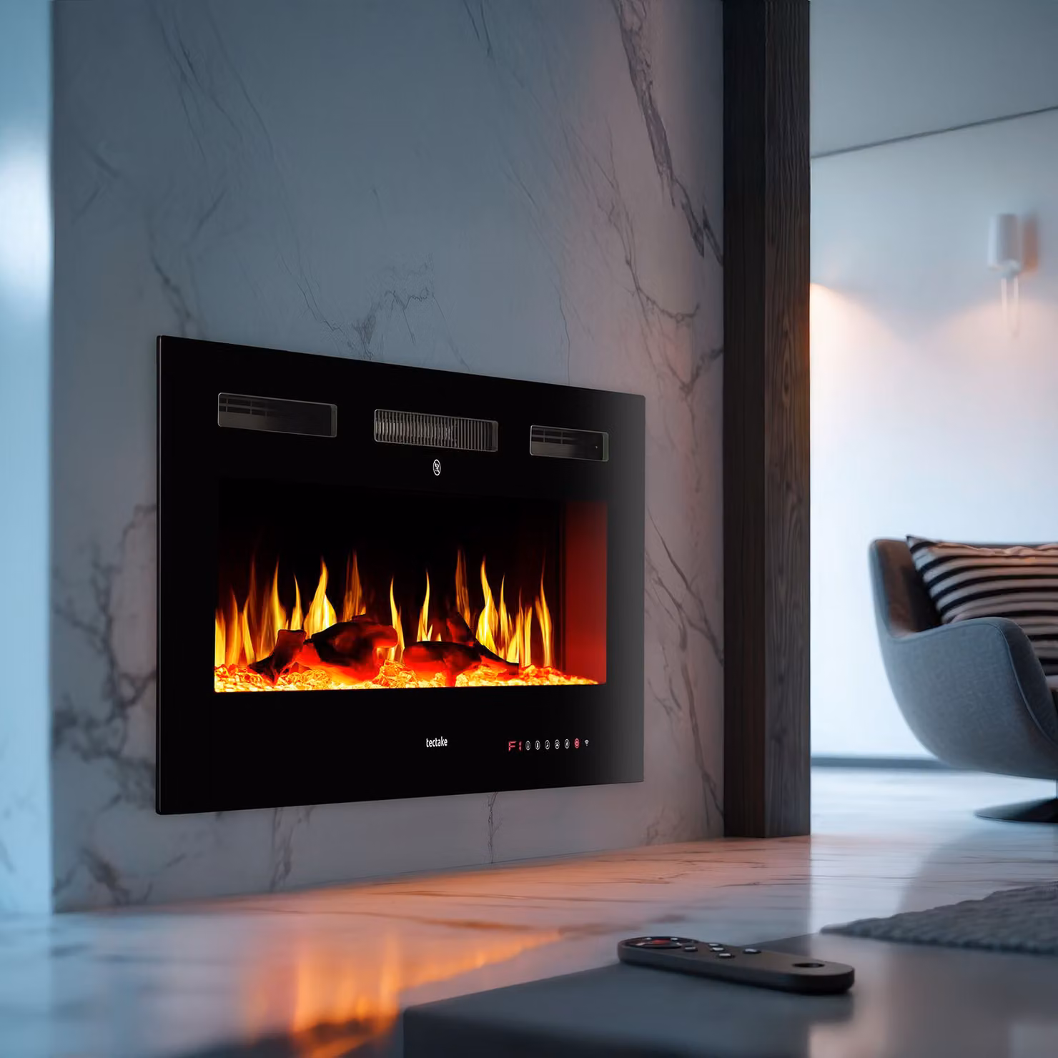 Caminetto elettrico da parete tectake nero con effetto fiamma, controllo tramite app e 2 livelli di riscaldamento, L/P/H: 91.5 x 43.0 x 12.0 cm – 2
