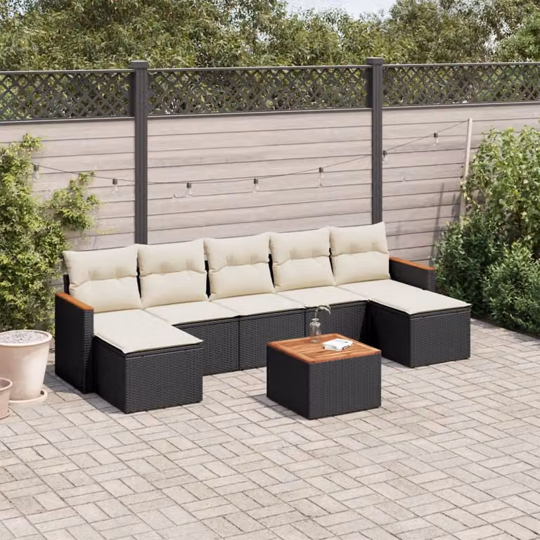 vidaXL Set Divani da Giardino a Forma di U in Polyrattan Nero con Cuscini e Tavolino da Esterno