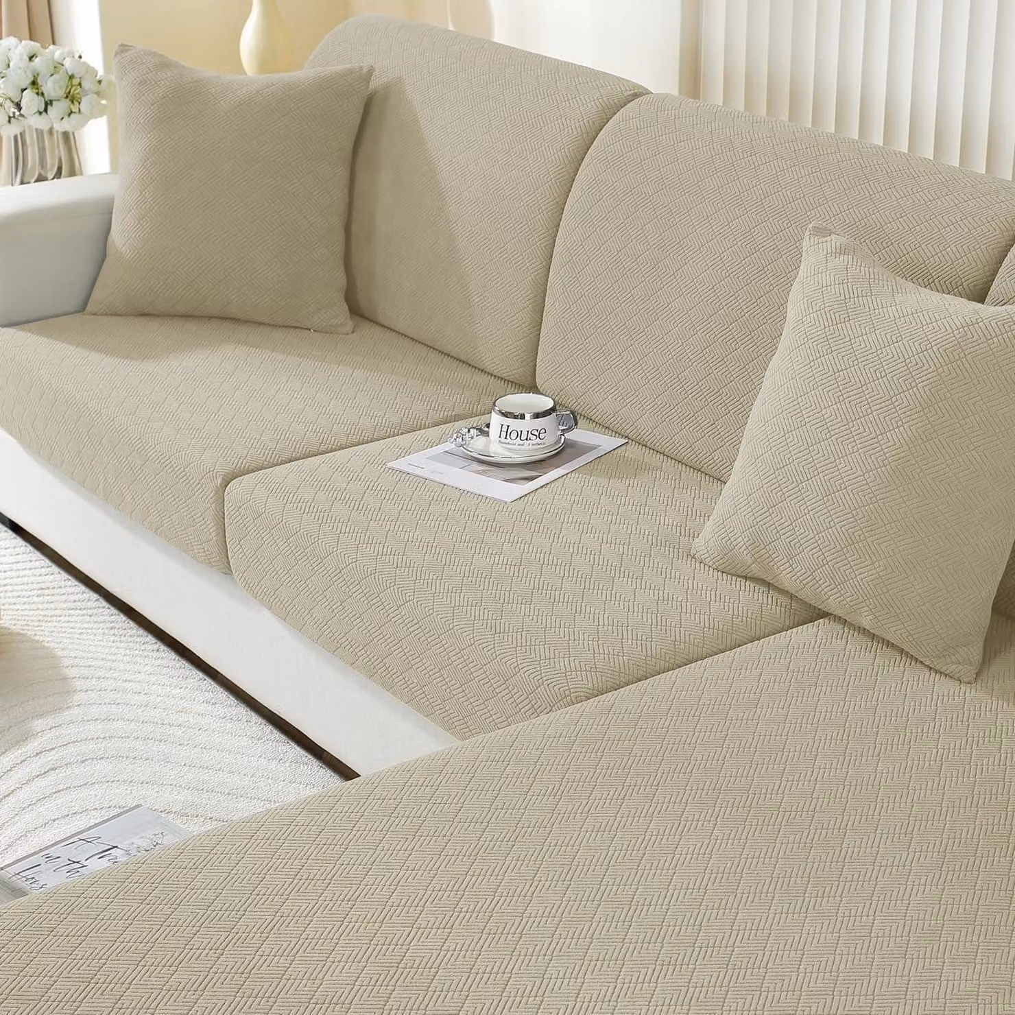 Copertura per cuscino da seduta, elasticizzata, color kaki, per 1 posto * 2 + chaise longue