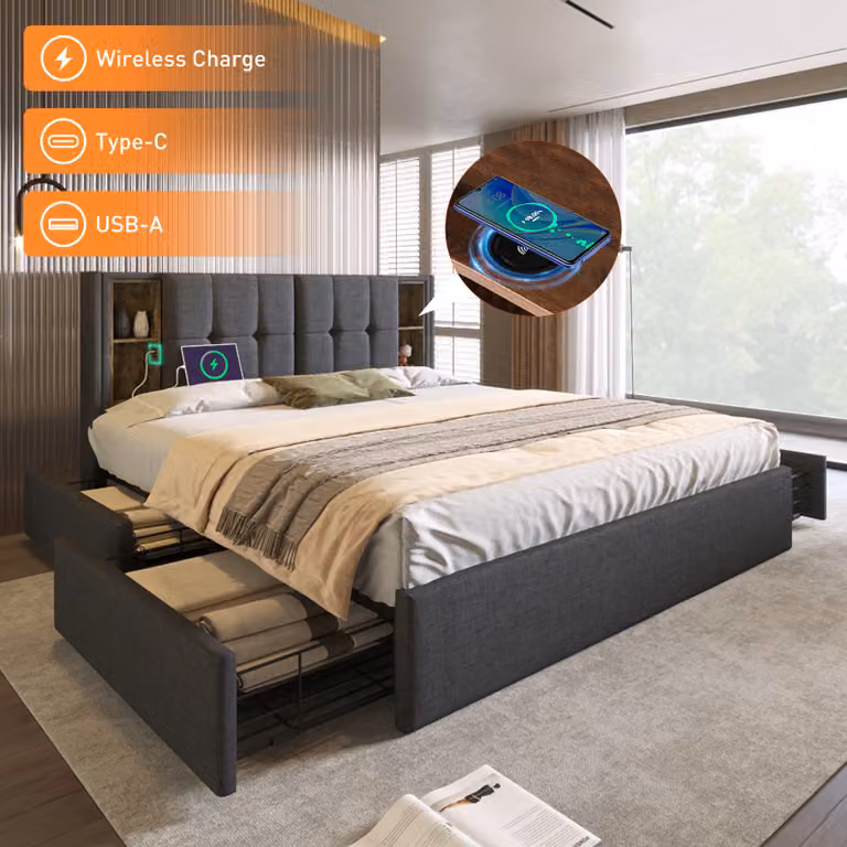 Letto imbottito matrimoniale con ricarica wireless USB C& 4 cassetti, rete imbottita 160x200cm, lino grigio (senza materasso)