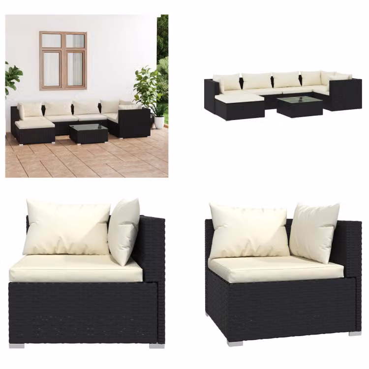 vidaXL set salotto da giardino 7 pezzi con cuscini in poly rattan nero - set salotto da giardino - set salotto da giardino - set salotto da patio - set divano da patio