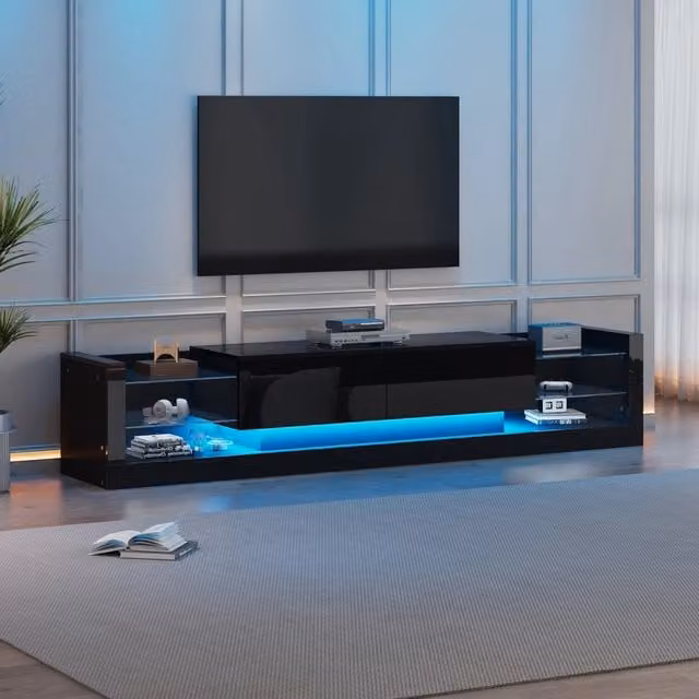 Mobile porta TV OKWISH moderno con LED e fronte in vetro nero lucido per soggiorno L: 181 cm, P: 38 cm, H: 38 cm