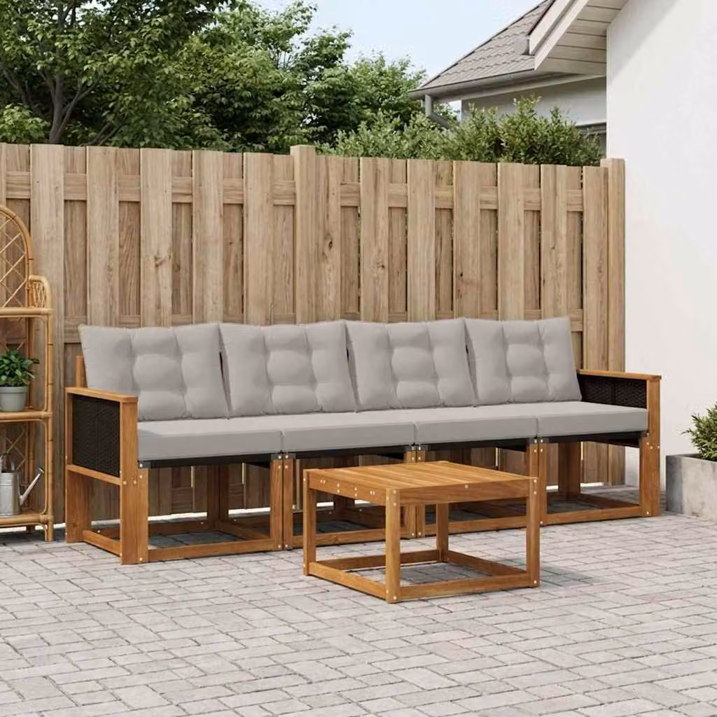 Set di mobili da giardino vidaXL composto da 5 pezzi in legno di acacia con divano a 3 posti, poltrone e tavolino da caffè, colore beige e grigio con cuscini inclusi