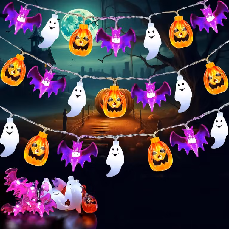 Catena luminosa a tema Halloween, 6 metri, 40 LED, con decorazioni a forma di zucca, pipistrello e fantasma