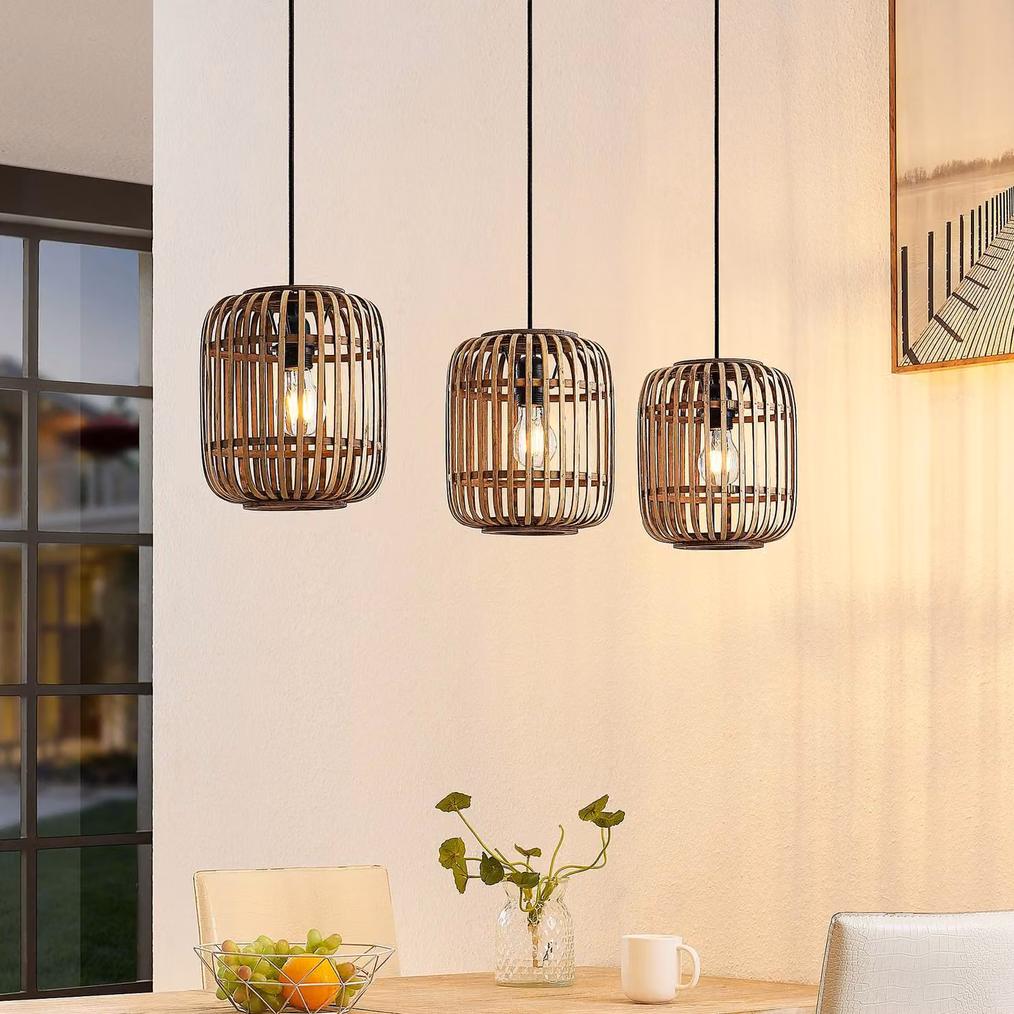 Lampada a sospensione Canyana Lindby, dimmerabile, Legno chiaro, Soggiorno / Sala da pranzo, Legno, Campagna / Rustiche, Lampada a sospensione