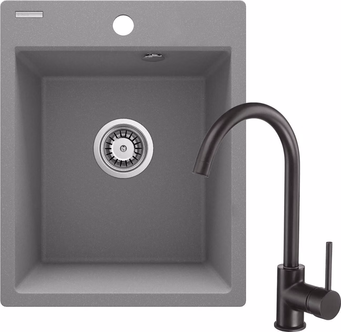 Lavello a 1 vasca in granito con miscelatore, Grigio metallizzato, incassato, Antibatterico, Idrofobico, Sifone salvaspazio, 18 msc.
