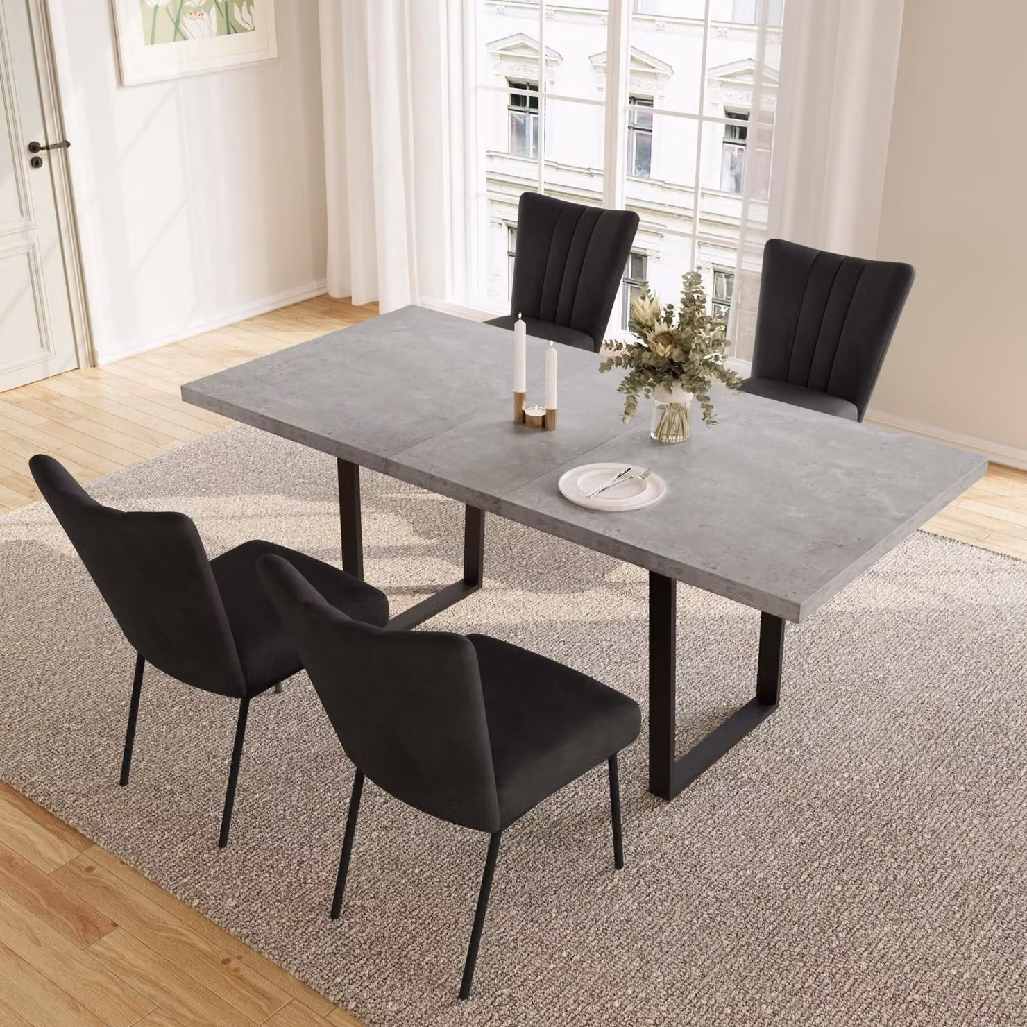 Tavolo da pranzo allungabile con 4 sedie, dimensioni 130-170 cm, in MDF nero