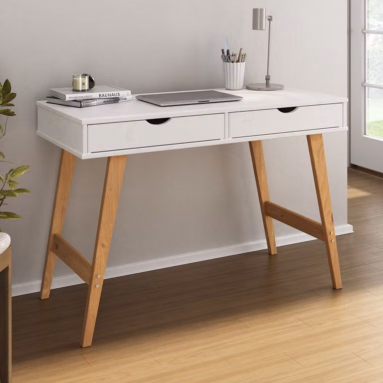 Scrivania MILO con 2 cassetti, in legno massello, robusta e resistente, ideale per l'ufficio in casa, nei colori bianco/rovere, cassetti per riporre oggetti