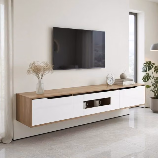 Cassettiera per TV KOMHTOM bianca lucida con design moderno a parete L: 180 cm, P: 35 cm, H: 30 cm