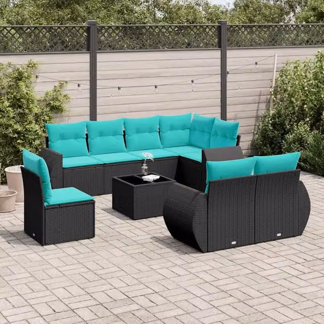 Set da giardino vidaXL a forma di U composto da 9 pezzi con divani, elementi angolari, tavolino da caffè e cuscini blu e neri
