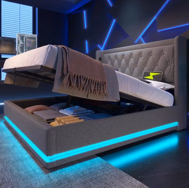 Letto contenitore 140x200 cm grigio in cotone con USB Type-C; LED e testiera imbottita