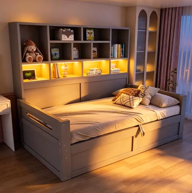 Divano letto singolo 90x200 cm in MDF grigio con LED; prese e vano contenitore con apertura idraulica