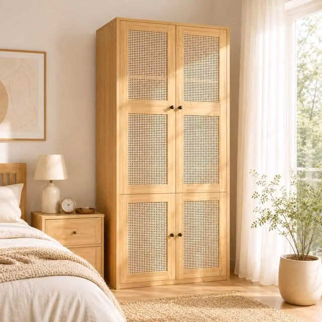 Armadio con ante battenti in rattan 3 cassetti 4 vani e barra appendiabiti per camera in MDF rovere 90 × 47 × 200 cm