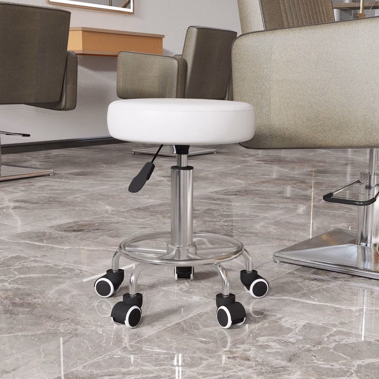 Sgabello da salone regolabile in altezza Aosom in finta pelle bianco con ruote e rotazione a 360 gradi – 2