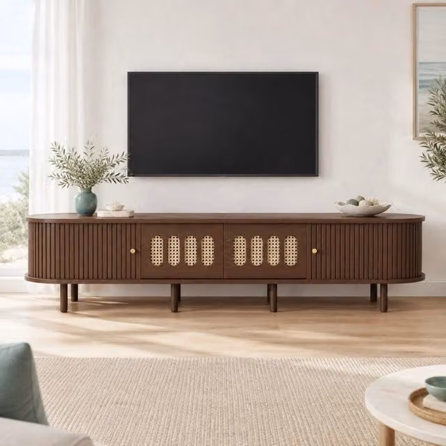 Mobile TV ULEVR 180x40x40 cm con 2 cassetti e 2 ante avvolgibili, MDF color noce con design rattan