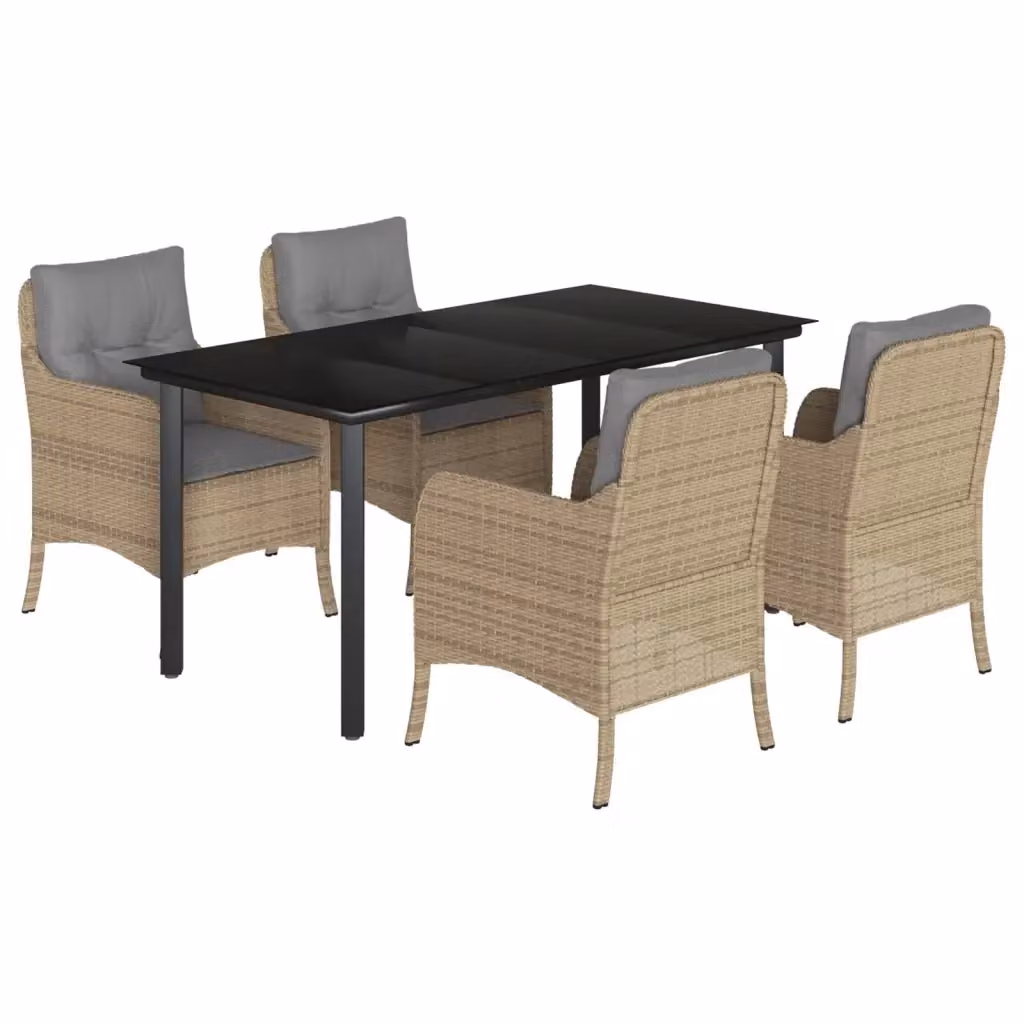 Set da Pranzo da Giardino vidaXL in Polyrattan con Cuscini Beige e Tavolo in Vetro, 5 Pezzi – 2