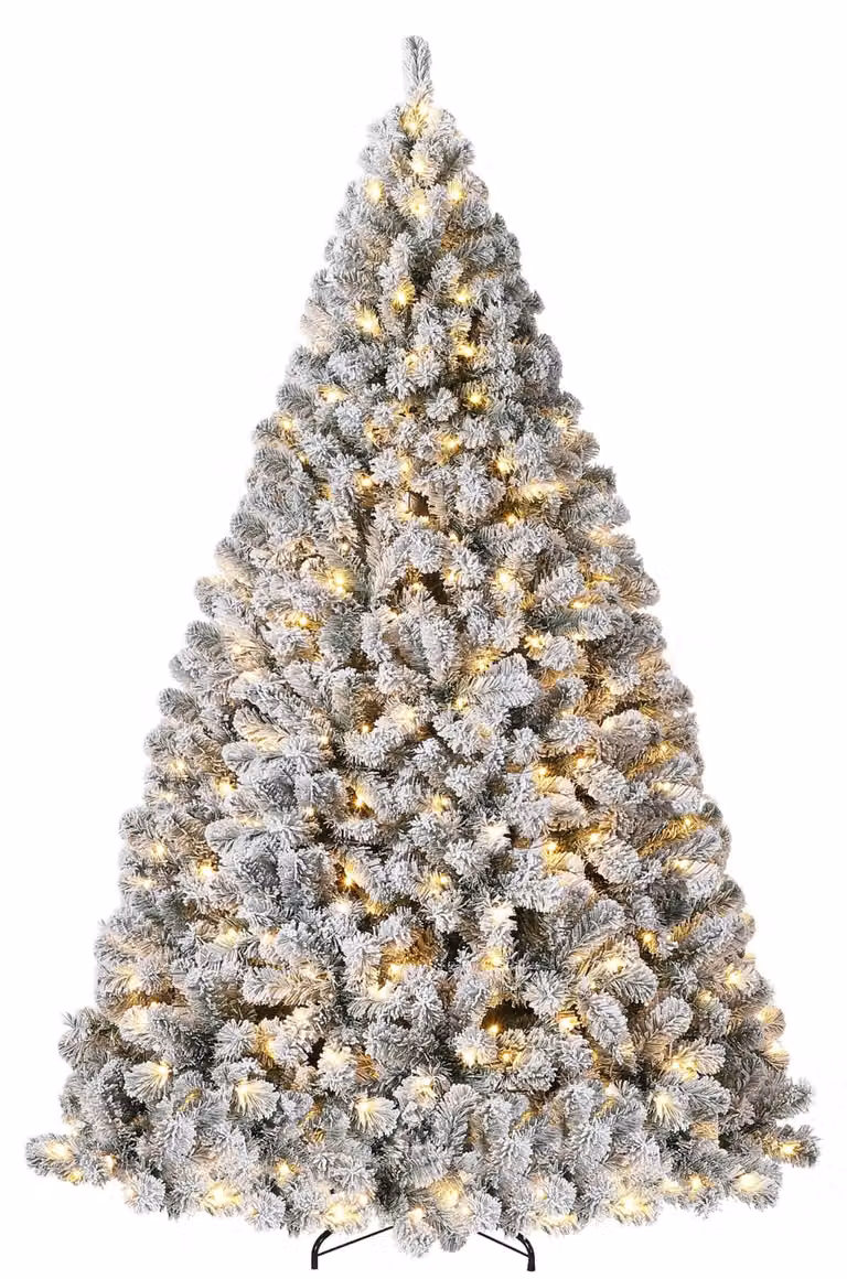 Albero di Natale artificiale, innevato, altezza 120 cm (4.0 piedi), con fitti rami di abete/pino, illuminazione LED e punte degli aghi innevate. Montaggio con sistema a cerniera, base in metallo