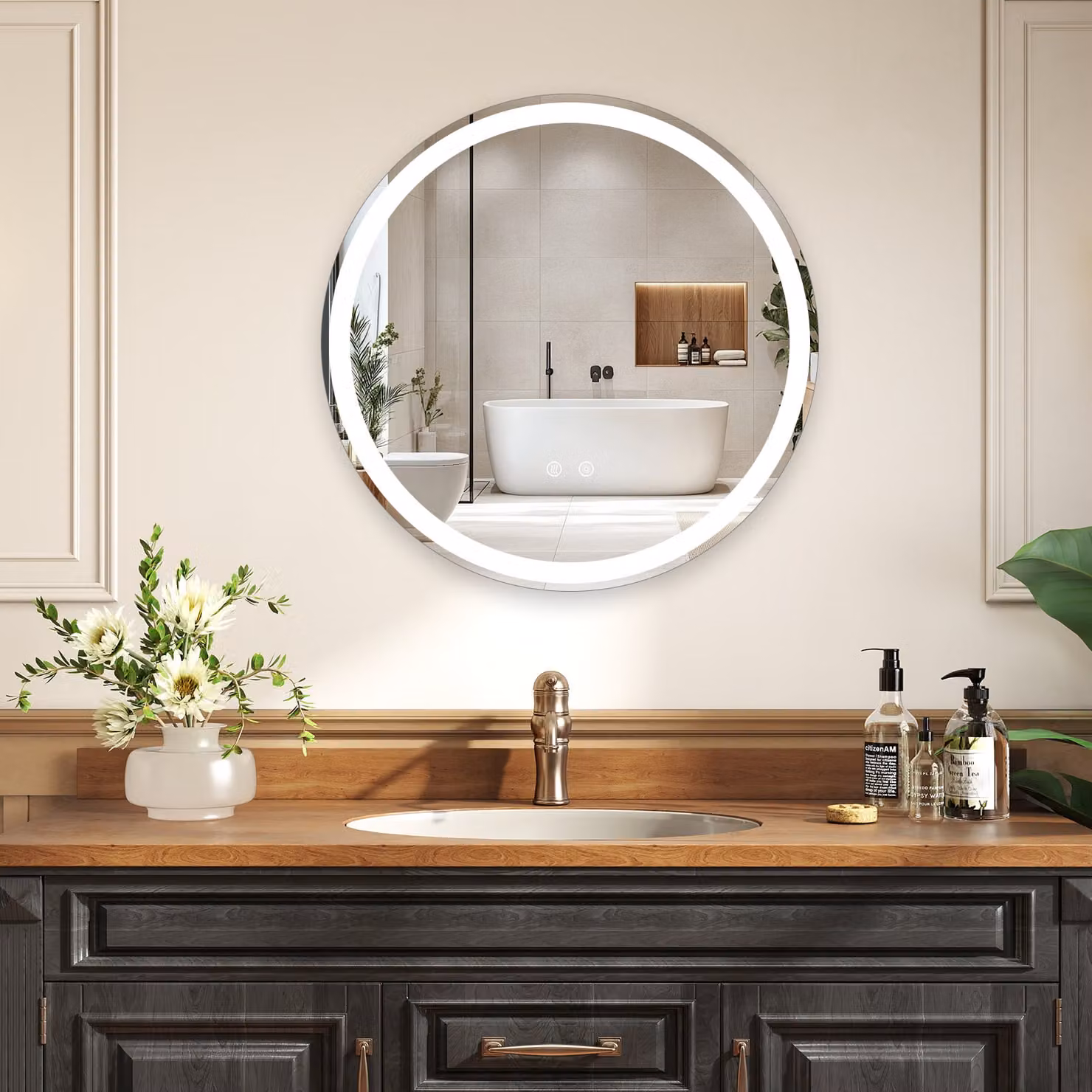 Specchio da bagno rotondo Costway con LED regolabile, vetro temperato e funzione anti-appannamento, colore bianco, Diametro: 60 cm