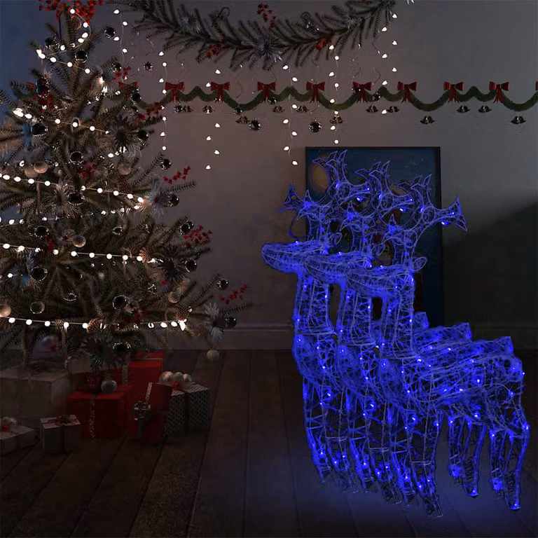 Decorazioni Natalizie Renne vidaXL con LED, Set da 3 pezzi in Plastica, Colore Blu e Bianco, L/P/H: 60 x 16 x 100 cm