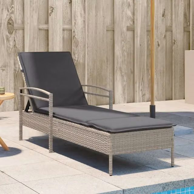 Lettino da giardino vidaXL in polyrattan grigio con cuscino e poggiatesta regolabile L/P/H: 200 x 63 x 81 cm