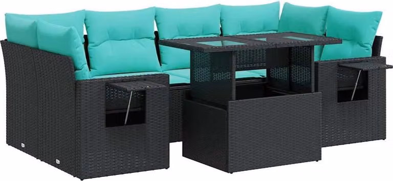 Set Divani Giardino 7 pz con Cuscini Nero Polyrattan Acacia