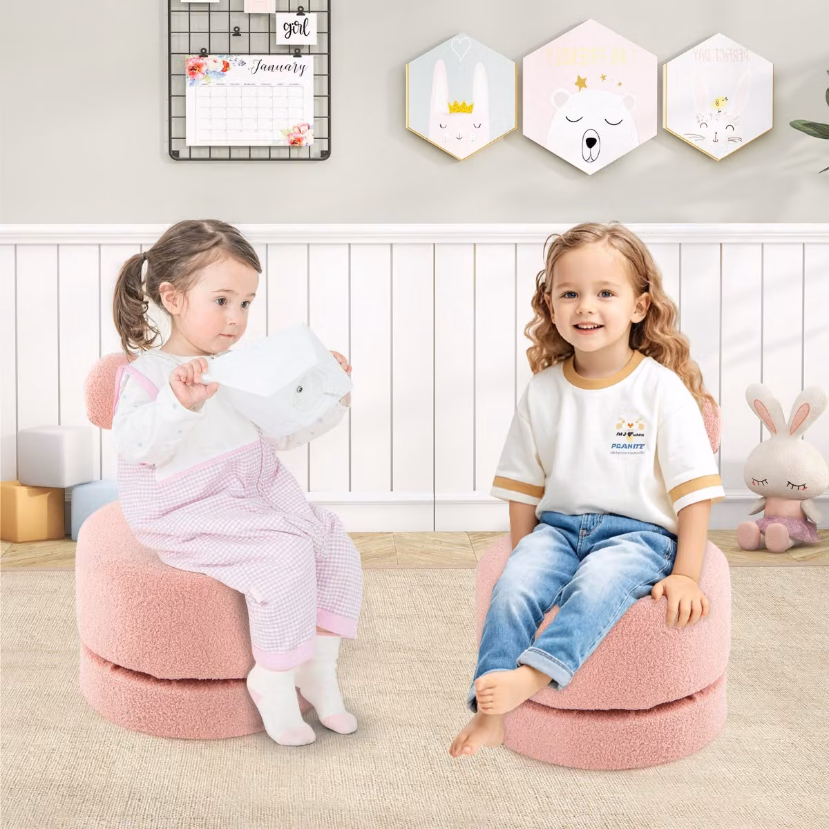 Set di 2 sgabelli girevoli a 360° per bambini Costway in velluto con schienale a fiocco, colore Rosa